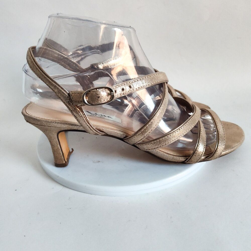 Nina Shimmery Gold Strappy 2" Sandals Open Toe Comfortable Prom 8.5 Leather Sole